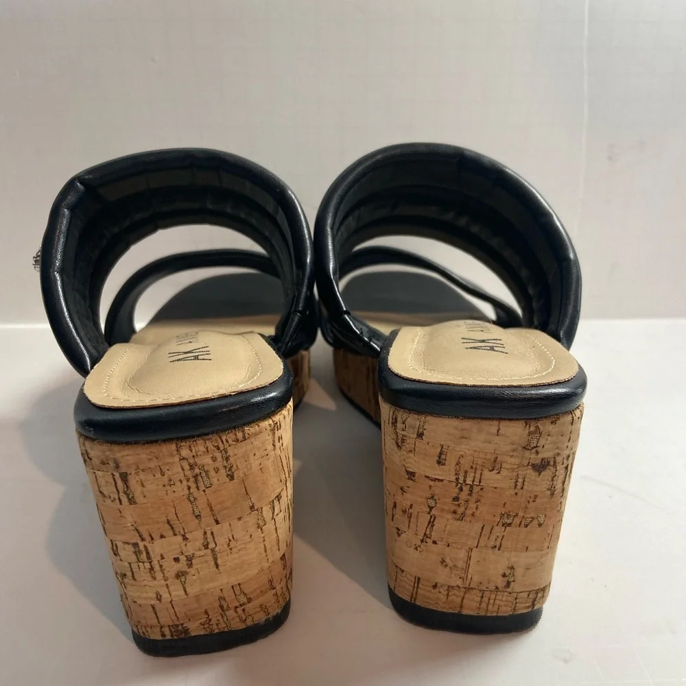 Anne Klein~Neutral~Black~Faux Leather~Open Toe~Slip-On Cork Wedge Sandal~Size 9
